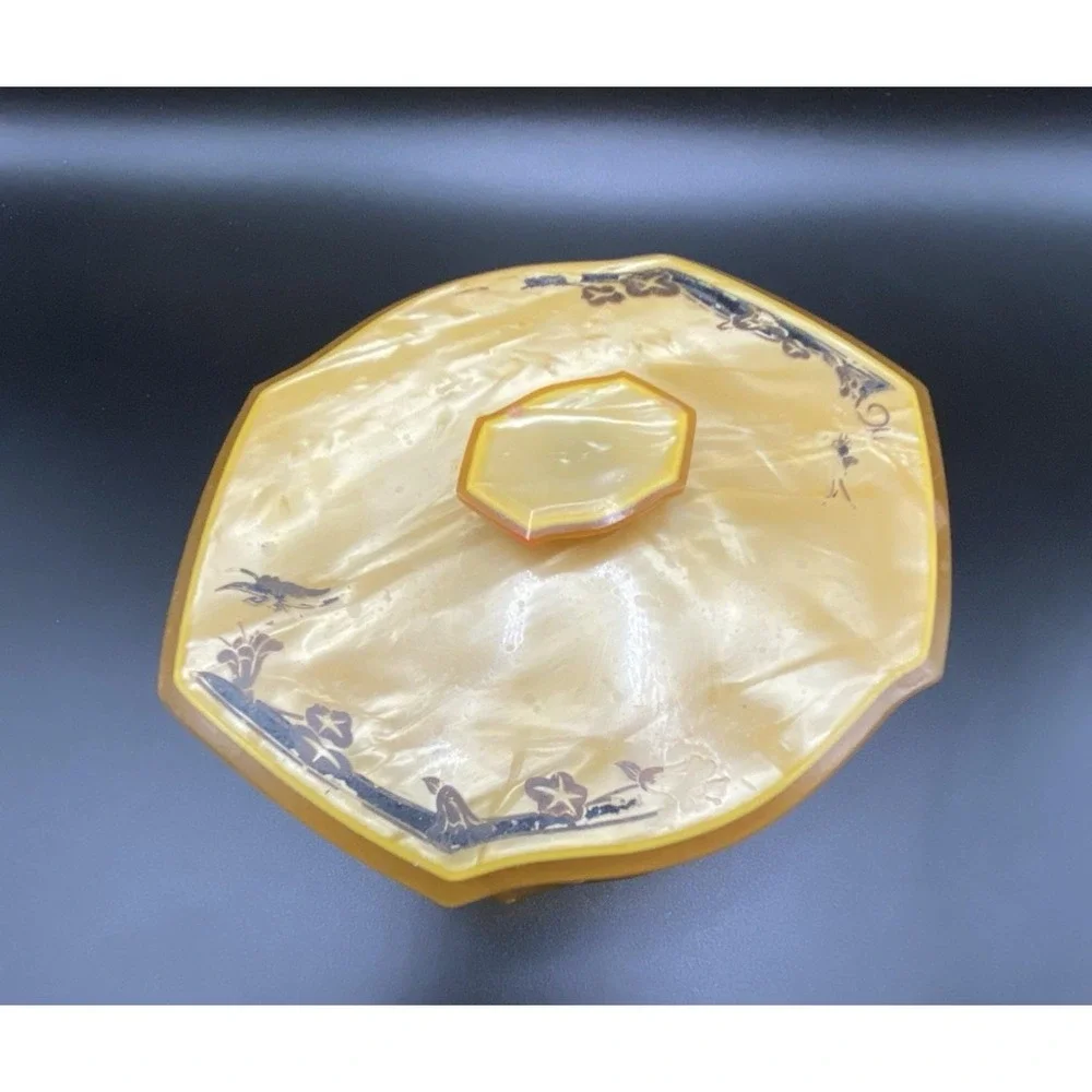 Vtg 1920s Art Deco Amber Vanity/Dresser Powder Jar Celluloid Top and Bottom